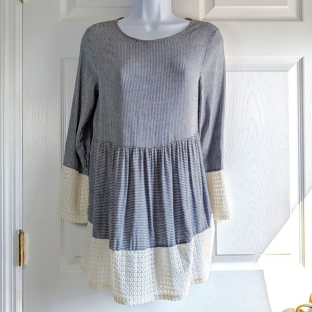 Lake Flower Striped Babydoll Tunic Dress Size S Crochet Eyelet Lace Trim Boho